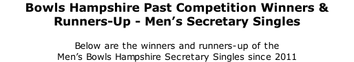 Bowls Hampshire Past Competition Winners & Runners-Up - Men’s Secretary Singles 	 Below are the winners and runners-up of the  Men’s Bowls Hampshire Secretary Singles since 2011