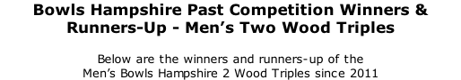 Bowls Hampshire Past Competition Winners & Runners-Up - Men’s Two Wood Triples 	 Below are the winners and runners-up of the  Men’s Bowls Hampshire 2 Wood Triples since 2011