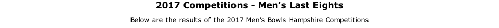 2017 Competitions - Men’s Last Eights Below are the results of the 2017 Men’s Bowls Hampshire Competitions